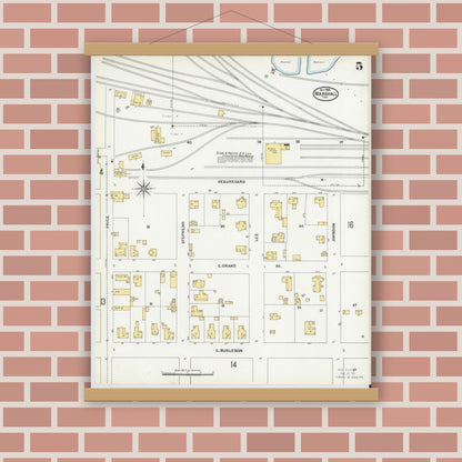 Old map wall art mockup — magnetic wood frame on brick wall — Sanborn Fire Insurance Map from Marshall, Harrison County, Texas (1904), Sheet #0005