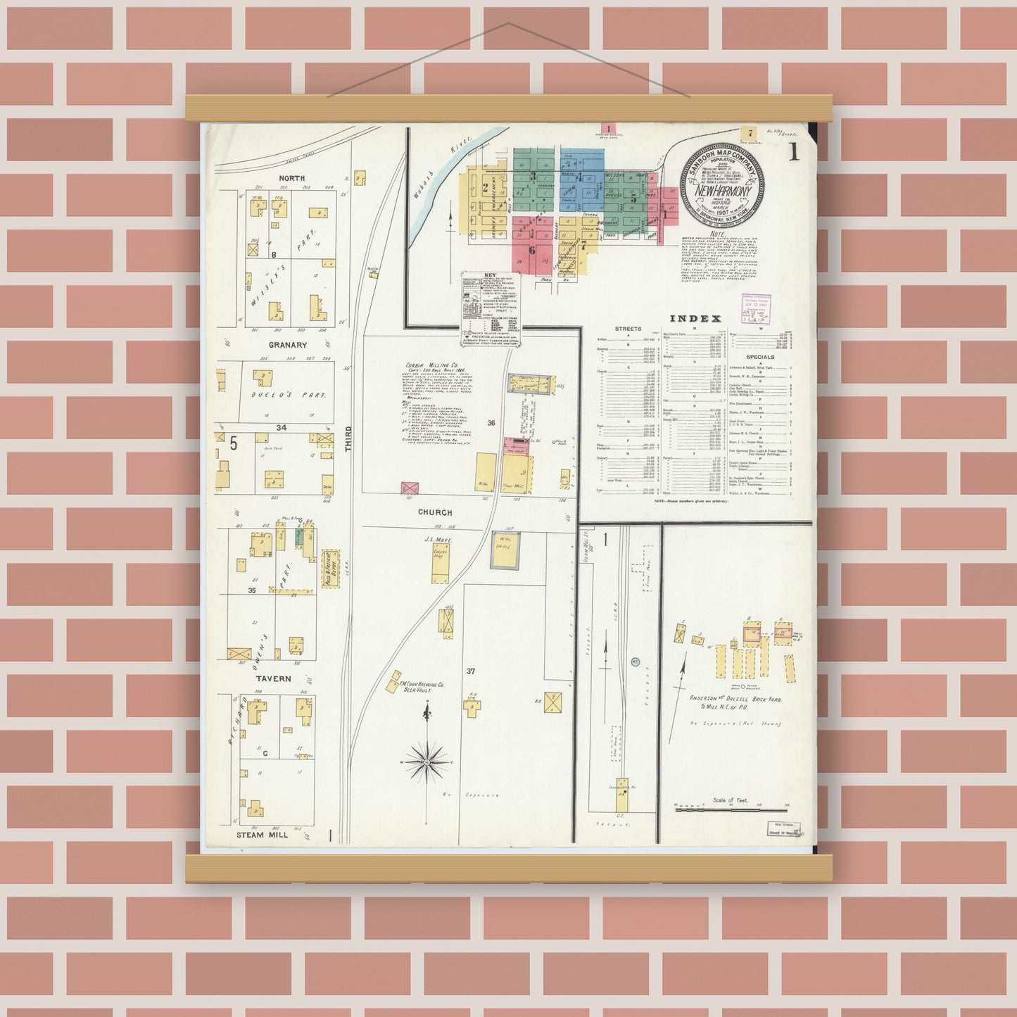 Old map wall art mockup — magnetic wood frame on brick wall — Sanborn Fire Insurance Map from New Harmony, Posey County, Indiana (1907), Sheet #0001