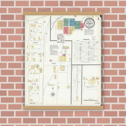 Old map wall art mockup — magnetic wood frame on brick wall — Sanborn Fire Insurance Map from New Harmony, Posey County, Indiana (1907), Sheet #0001