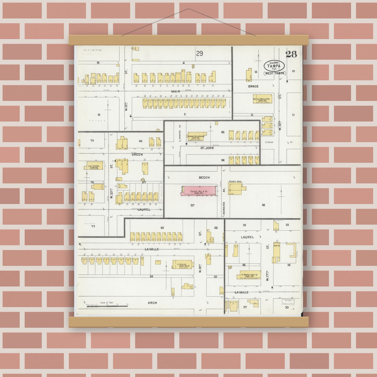Old map wall art mockup — magnetic wood frame on brick wall — Sanborn Fire Insurance Map from Tampa, Hillsborough County, Florida (1899), Sheet #0028