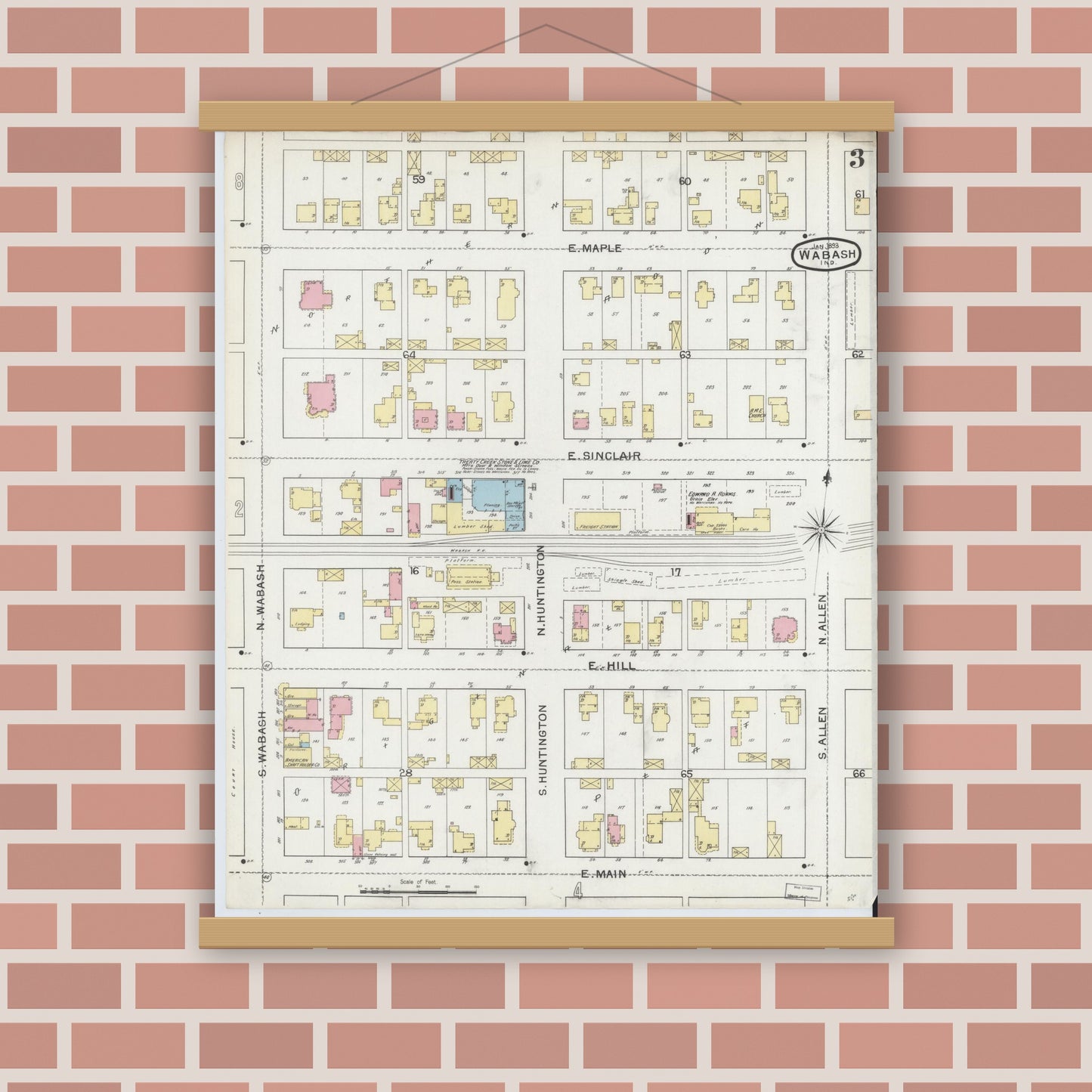 Old map wall art mockup — magnetic wood frame on brick wall — Sanborn Fire Insurance Map from Wabash, Wabash County, Indiana (1893), Sheet #0003
