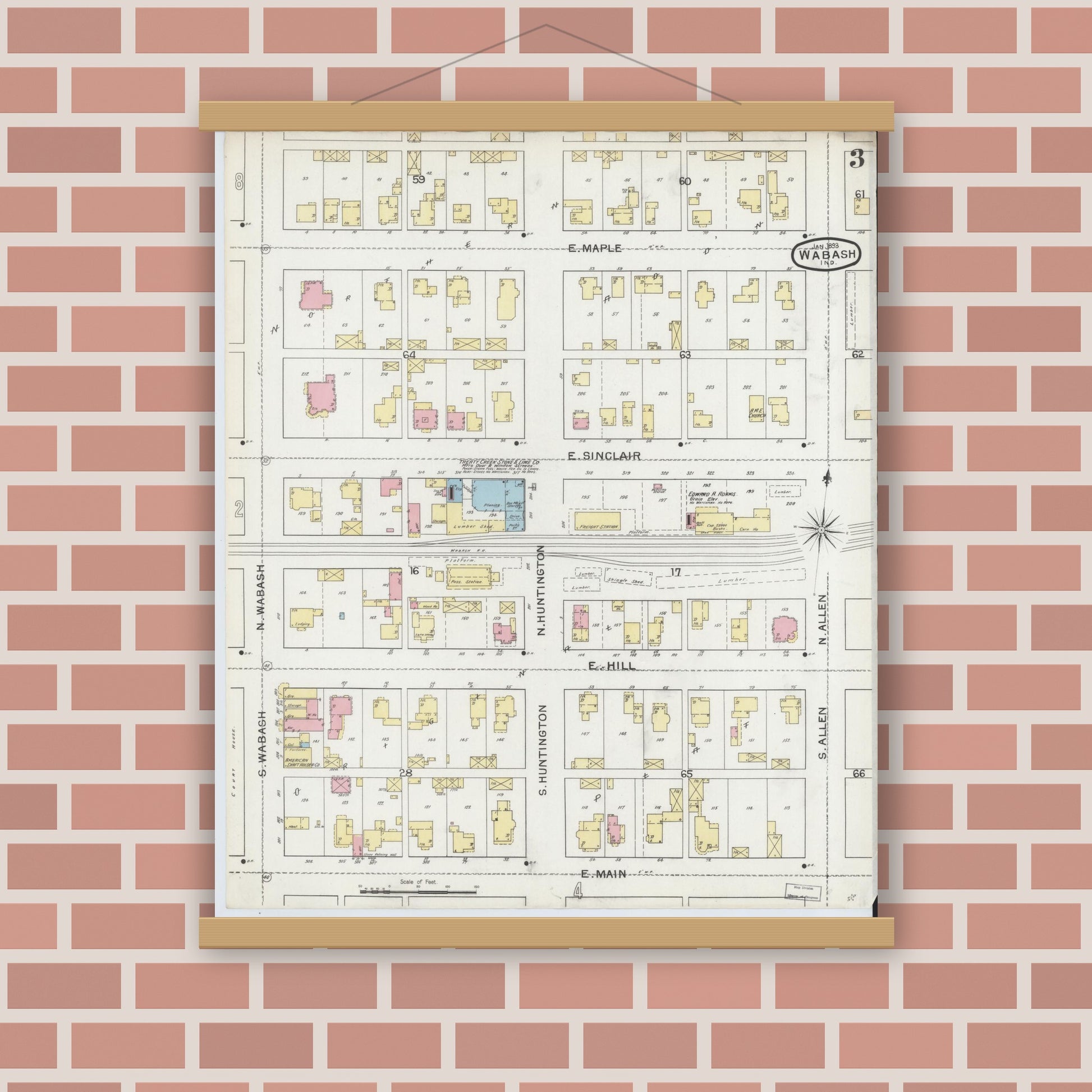 Old map wall art mockup — magnetic wood frame on brick wall — Sanborn Fire Insurance Map from Wabash, Wabash County, Indiana (1893), Sheet #0003