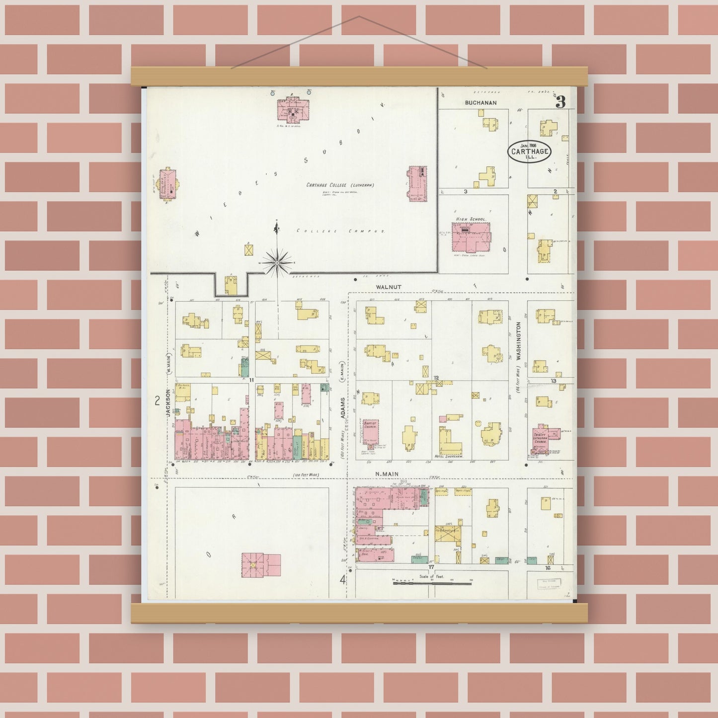 Old map wall art mockup — magnetic wood frame on brick wall — Sanborn Fire Insurance Map from Carthage, Hancock County, Illinois (1906), Sheet #0003