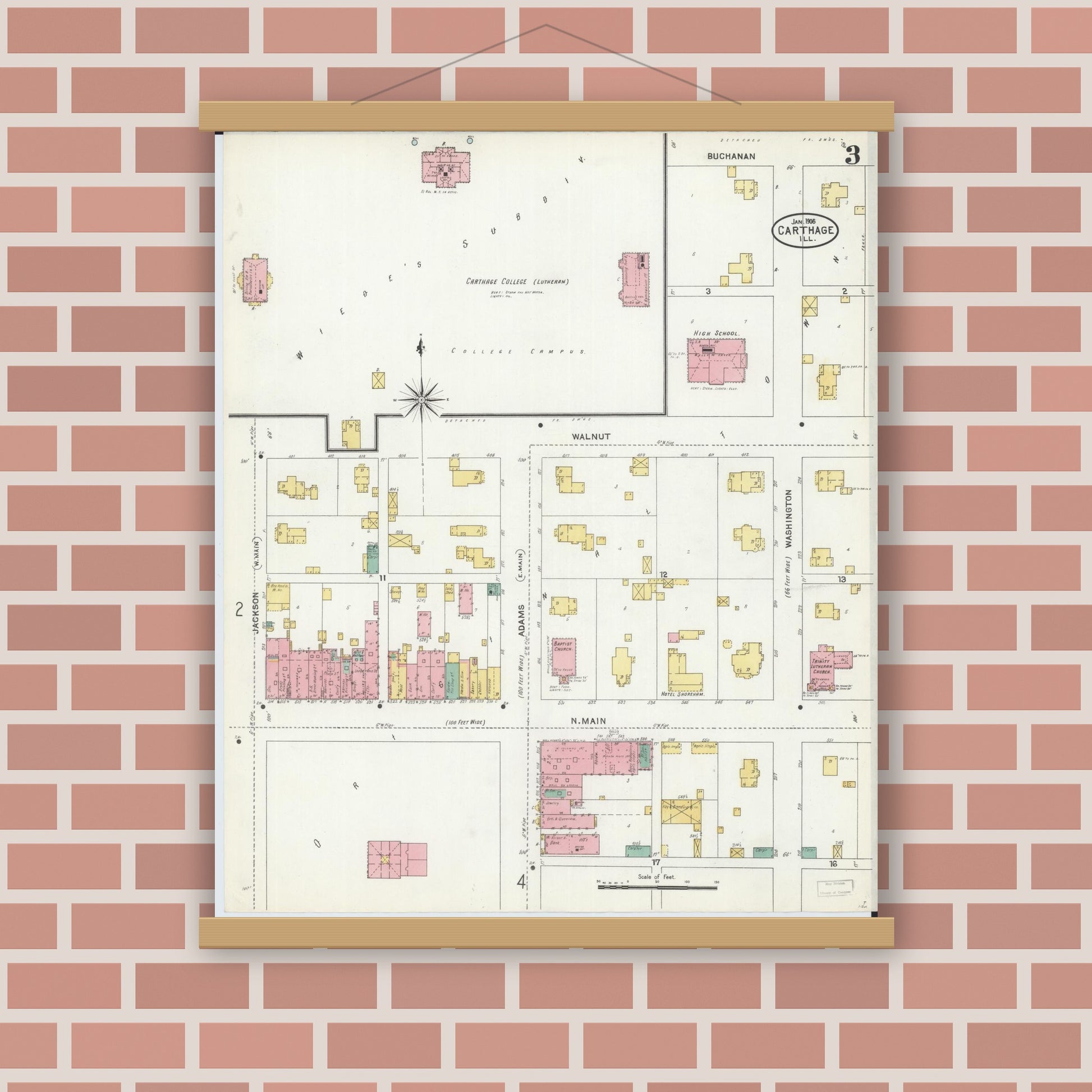 Old map wall art mockup — magnetic wood frame on brick wall — Sanborn Fire Insurance Map from Carthage, Hancock County, Illinois (1906), Sheet #0003