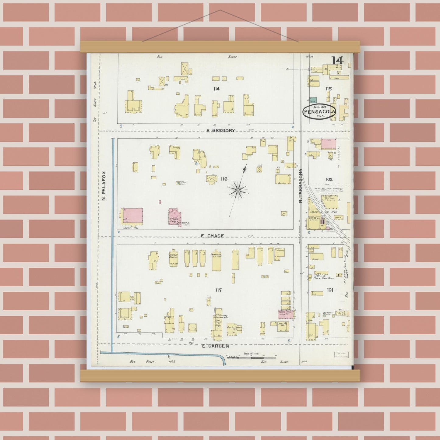 Old map wall art mockup — magnetic wood frame on brick wall — Sanborn Fire Insurance Map from Pensacola, Escambia County, Florida (1892), Sheet #0014