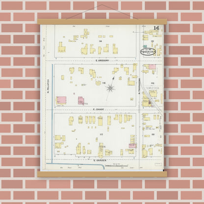 Old map wall art mockup — magnetic wood frame on brick wall — Sanborn Fire Insurance Map from Pensacola, Escambia County, Florida (1892), Sheet #0014