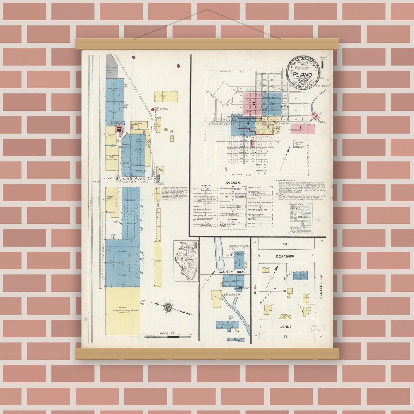 Old map wall art mockup — magnetic wood frame on brick wall — Sanborn Fire Insurance Map from Plano, Kendall County, Illinois (1921) - Complete Map Set