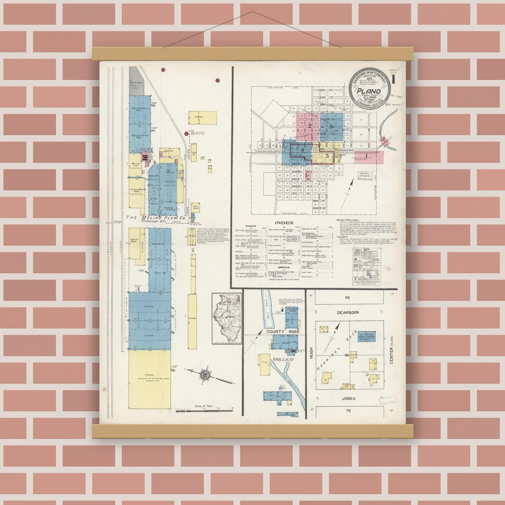 Old map wall art mockup — magnetic wood frame on brick wall — Sanborn Fire Insurance Map from Plano, Kendall County, Illinois (1921) - Complete Map Set