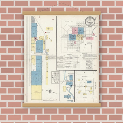 Old map wall art mockup — magnetic wood frame on brick wall — Sanborn Fire Insurance Map from Plano, Kendall County, Illinois (1921) - Complete Map Set