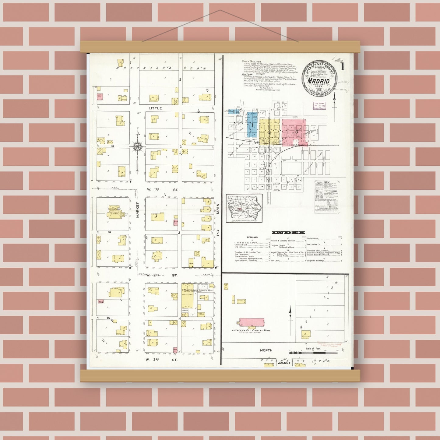 Old map wall art mockup — magnetic wood frame on brick wall — Sanborn Fire Insurance Map from Madrid, Boone County, Iowa (1916) â€” Complete Set