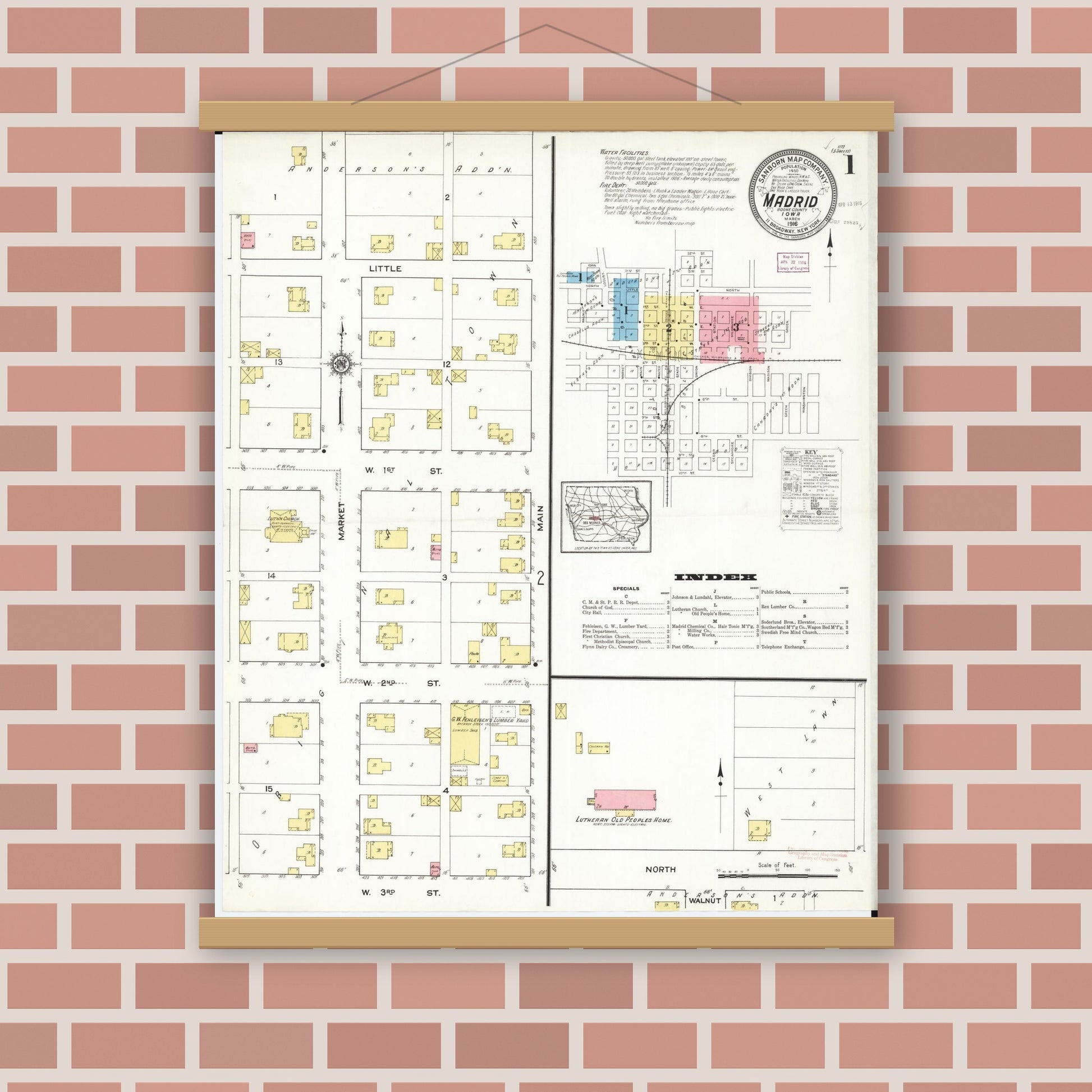 Old map wall art mockup — magnetic wood frame on brick wall — Sanborn Fire Insurance Map from Madrid, Boone County, Iowa (1916) â€” Complete Set