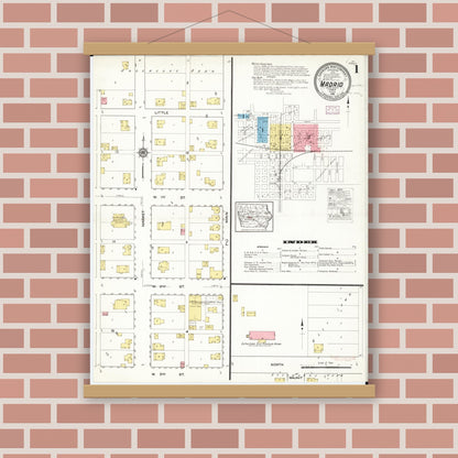 Old map wall art mockup — magnetic wood frame on brick wall — Sanborn Fire Insurance Map from Madrid, Boone County, Iowa (1916) â€” Complete Set