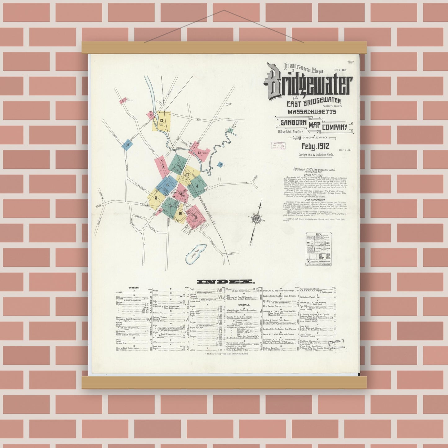 Old map wall art mockup — magnetic wood frame on brick wall — Sanborn Fire Insurance Map from Bridgewater, Plymouth County, Massachusetts (1912) - Complete Map Set