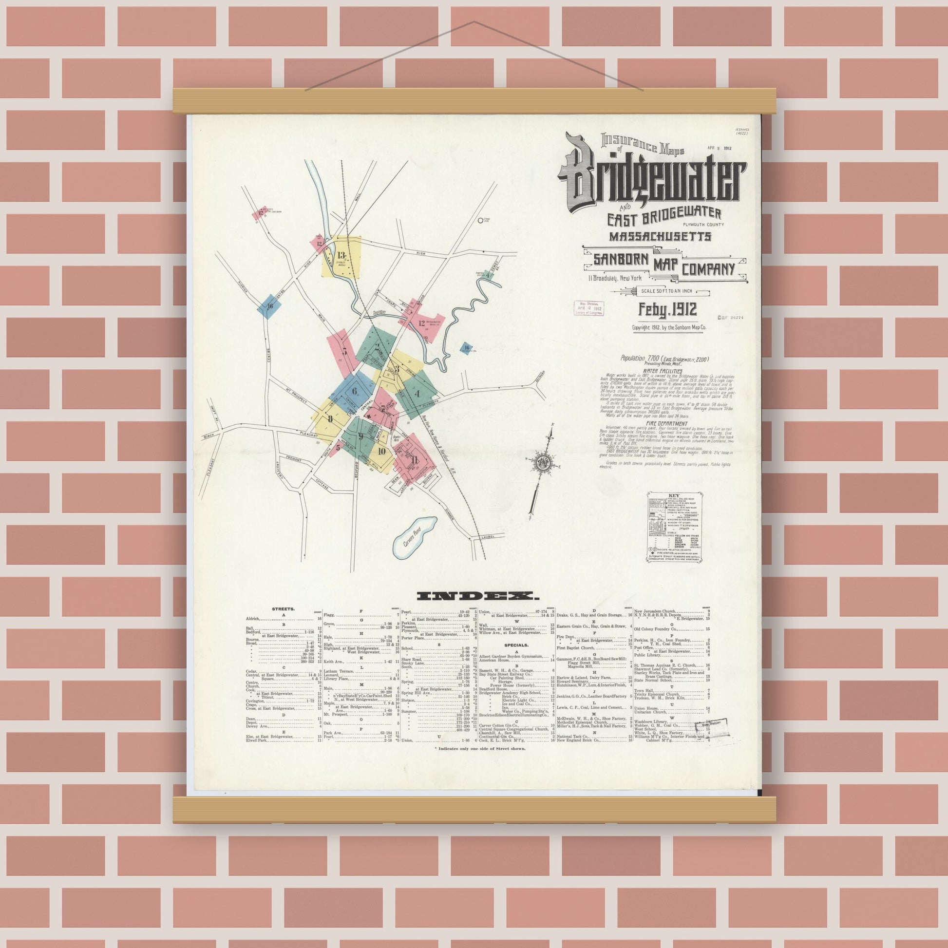 Old map wall art mockup — magnetic wood frame on brick wall — Sanborn Fire Insurance Map from Bridgewater, Plymouth County, Massachusetts (1912) - Complete Map Set
