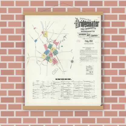 Old map wall art mockup — magnetic wood frame on brick wall — Sanborn Fire Insurance Map from Bridgewater, Plymouth County, Massachusetts (1912) - Complete Map Set