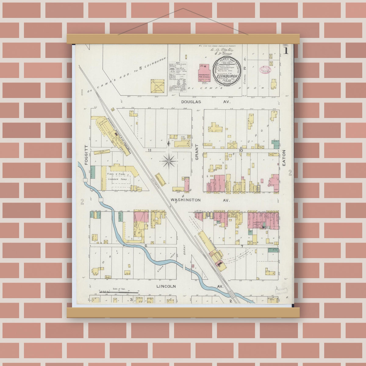 Old map wall art mockup — magnetic wood frame on brick wall — Sanborn Fire Insurance Map from Edinburgh, Christian County, Illinois (1894) - Complete Map Set