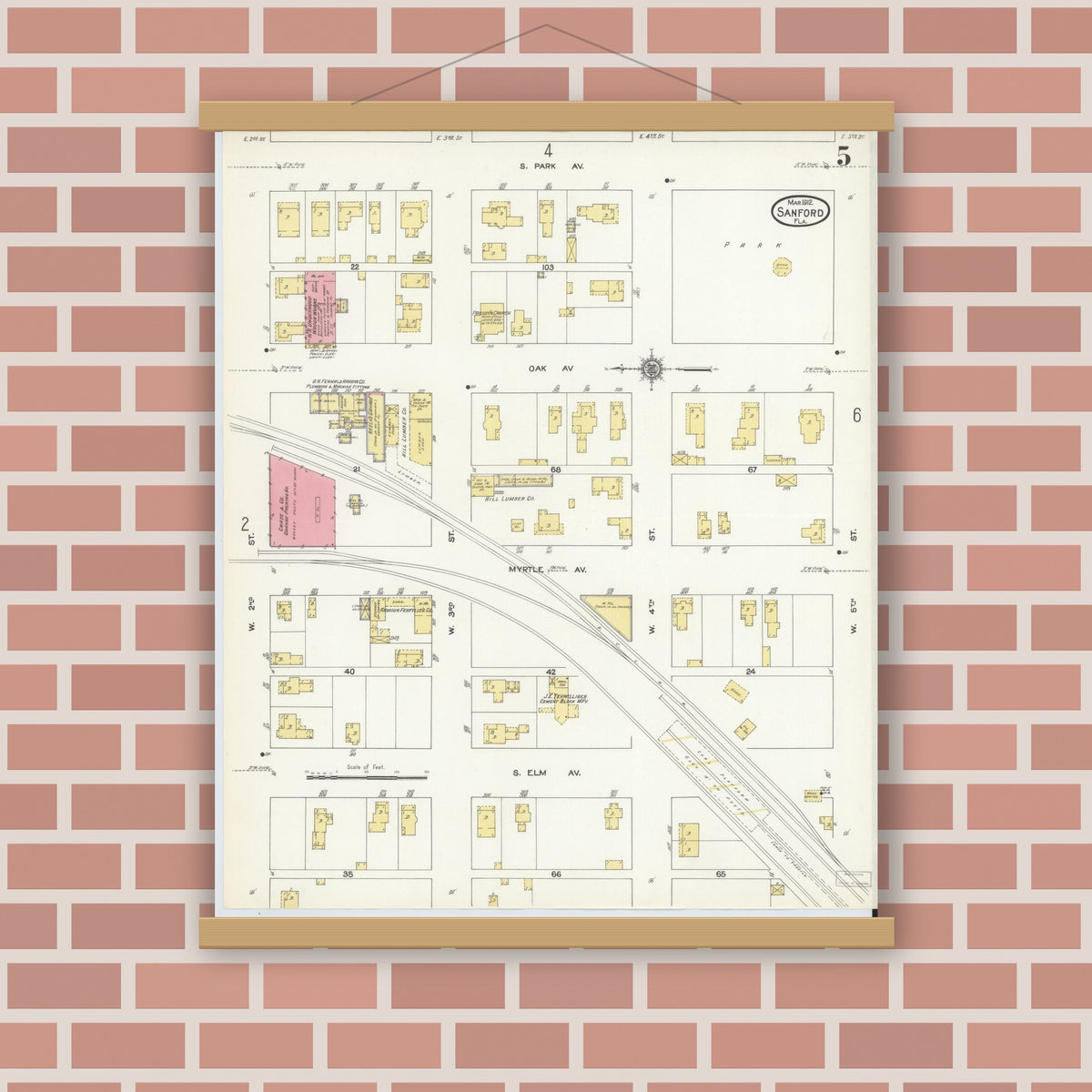 Old map wall art mockup — magnetic wood frame on brick wall — Sanborn Fire Insurance Map from Sanford, Seminole County, Florida (1912), Sheet #0005