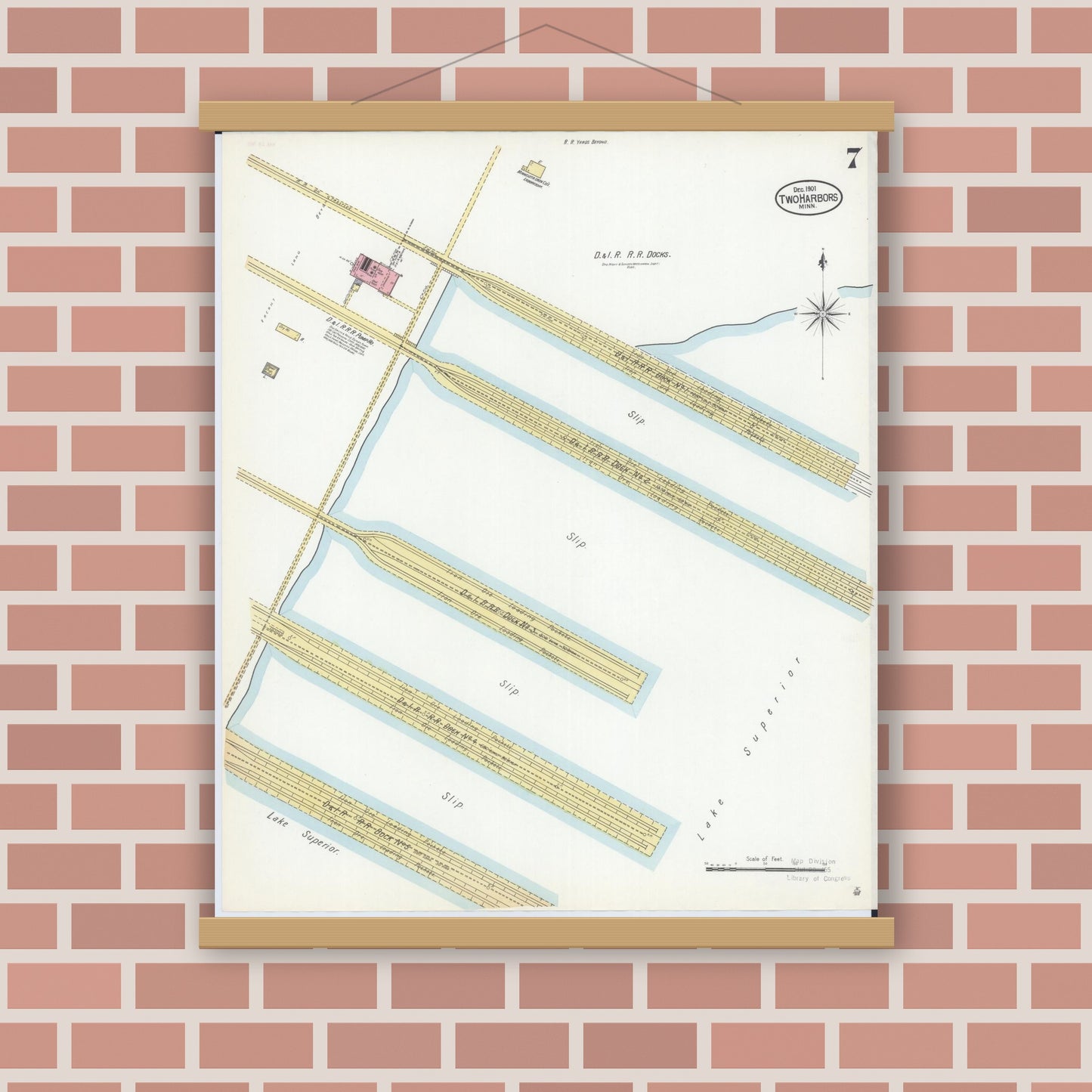 Old map wall art mockup — magnetic wood frame on brick wall — Sanborn Fire Insurance Map from Two Harbors, Lake County, Minnesota (1901), Sheet #0007