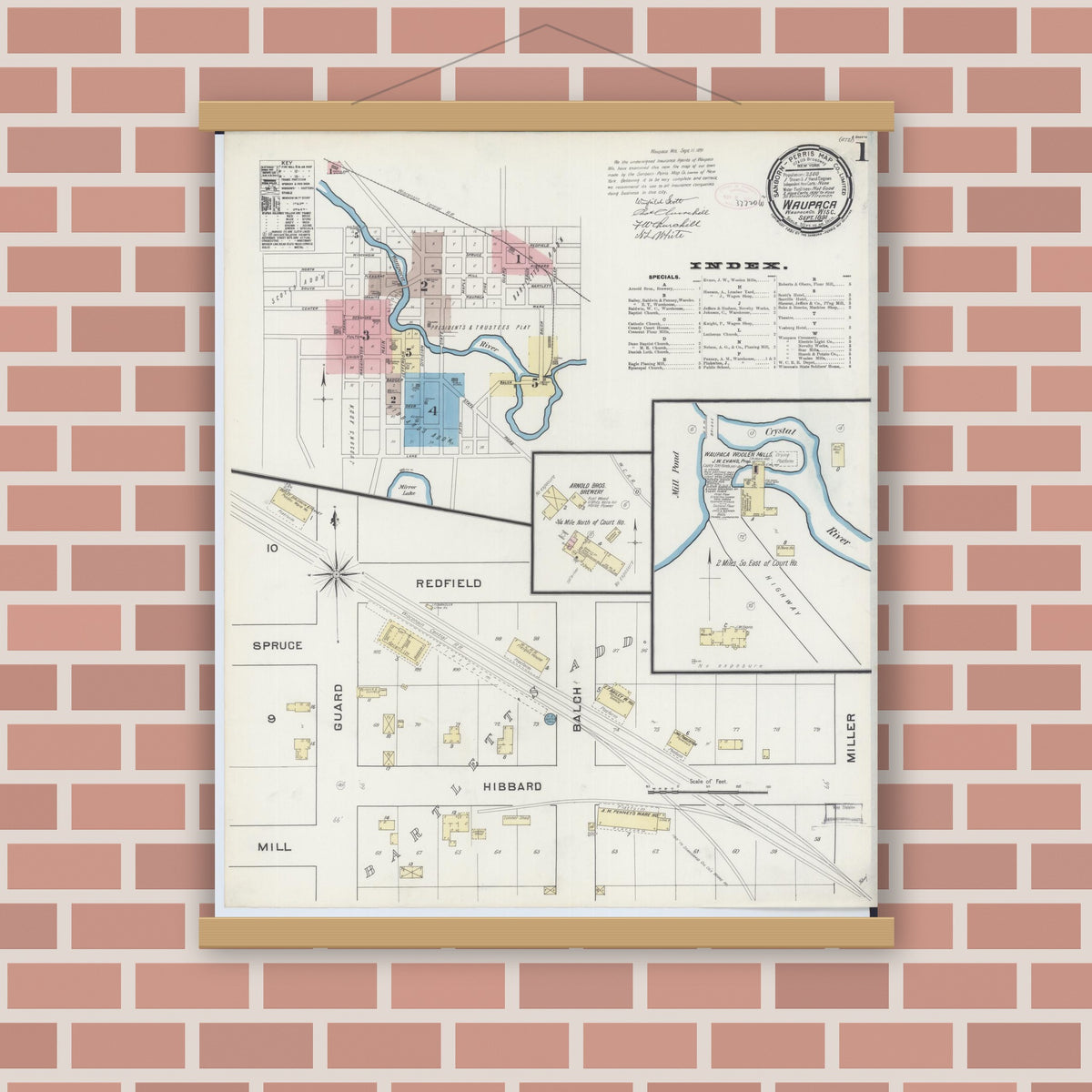 Old map wall art mockup — magnetic wood frame on brick wall — Sanborn Fire Insurance Map from Waupaca, Waupaca County, Wisconsin (1891) - Complete Map Set