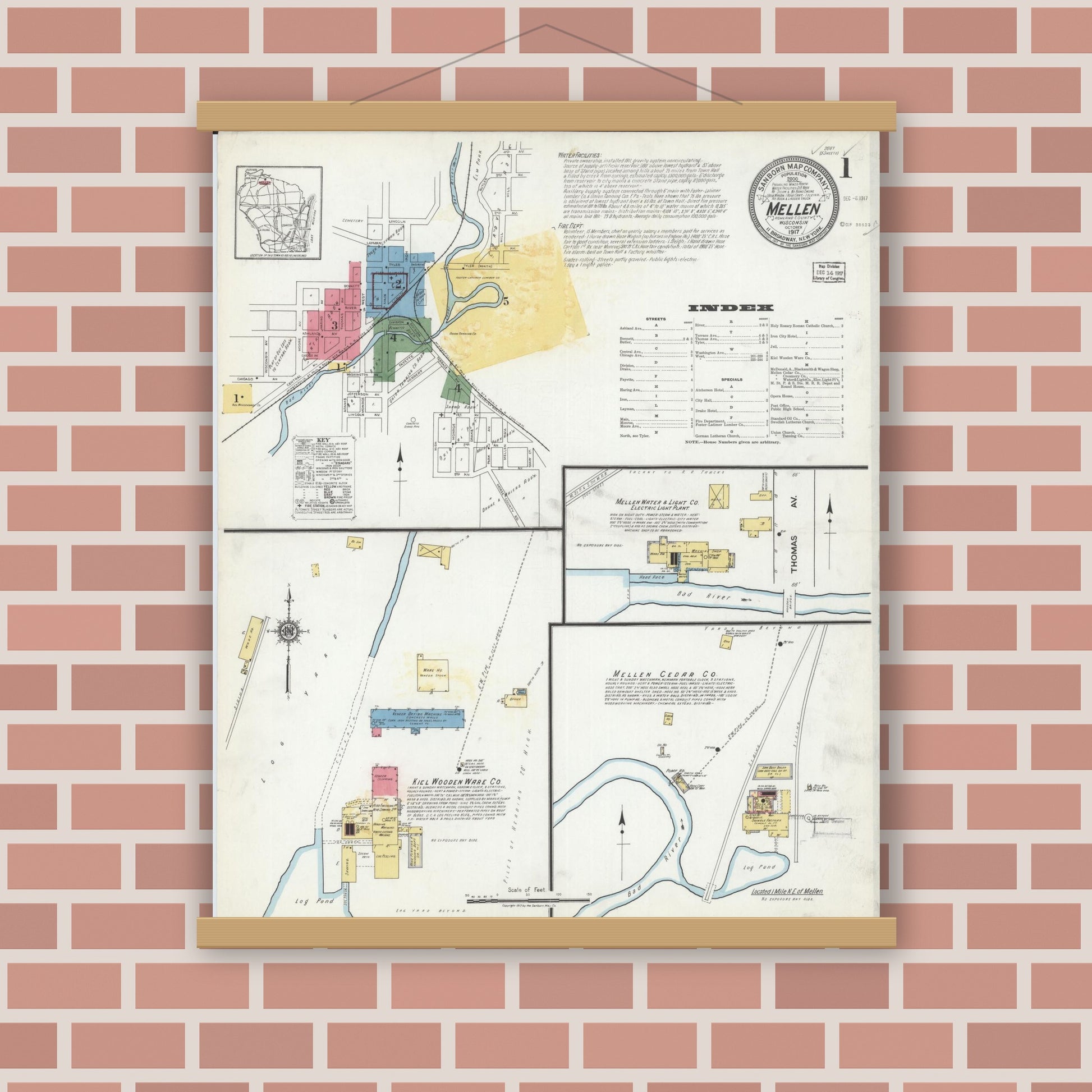 Old map wall art mockup — magnetic wood frame on brick wall — Sanborn Fire Insurance Map from Mellen, Ashland County, Wisconsin (1917) - Complete Map Set