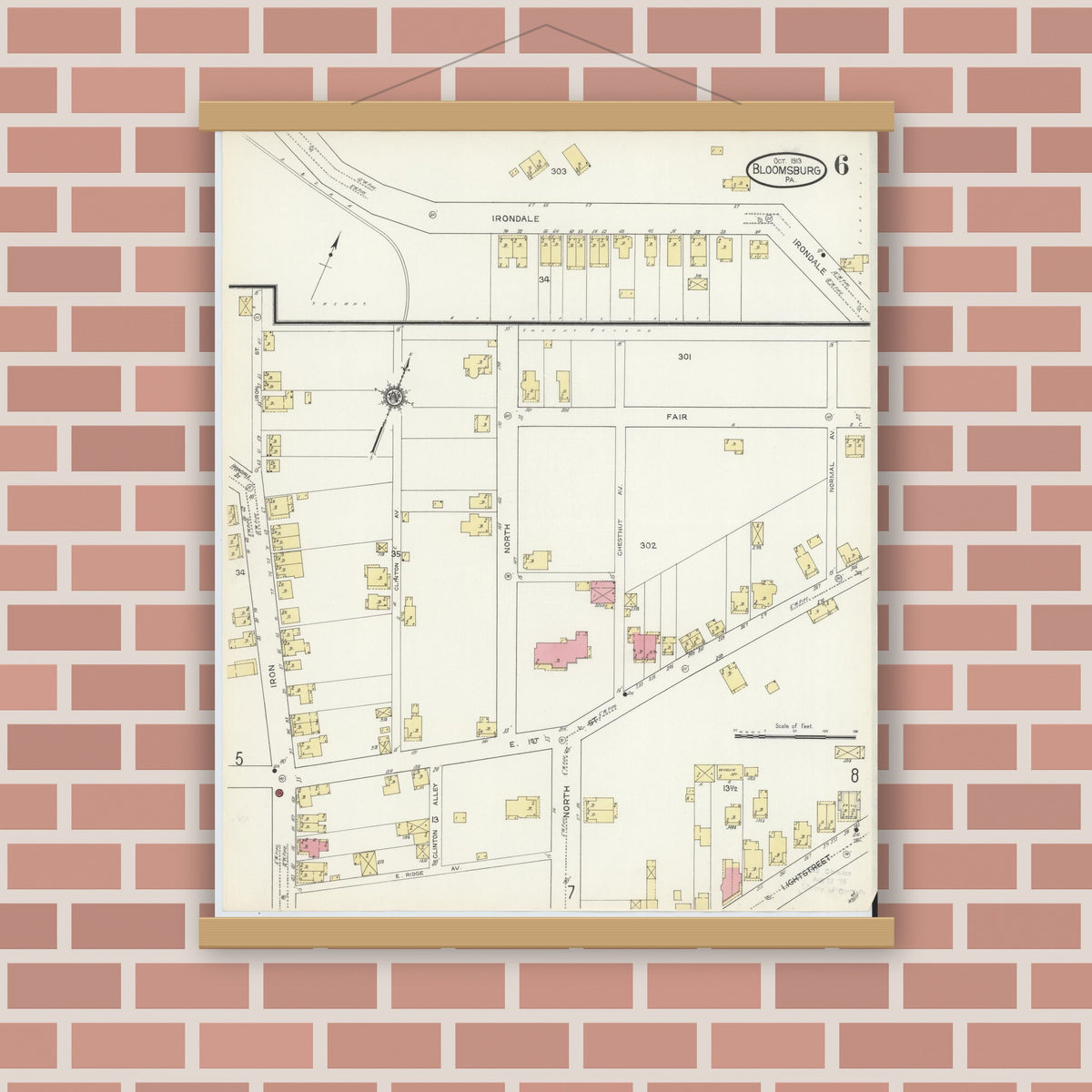 Old map wall art mockup — magnetic wood frame on brick wall — Sanborn Fire Insurance Map from Bloomsburg, Columbia County, Pennsylvania (1913), Sheet #0006