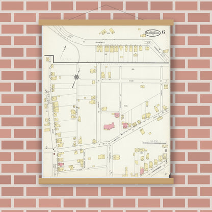 Old map wall art mockup — magnetic wood frame on brick wall — Sanborn Fire Insurance Map from Bloomsburg, Columbia County, Pennsylvania (1913), Sheet #0006