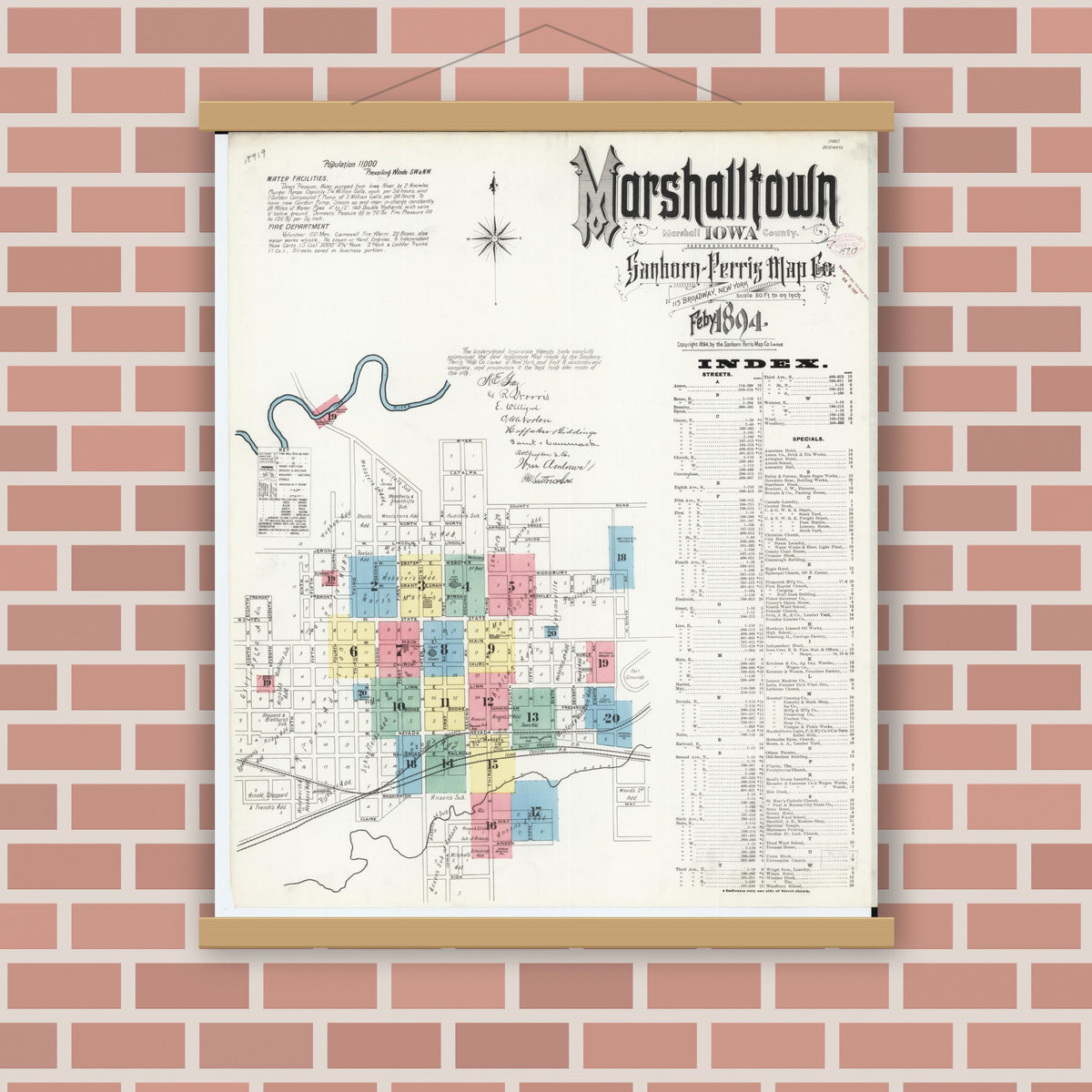 Old map wall art mockup — magnetic wood frame on brick wall — Sanborn Fire Insurance Map from Marshalltown, Marshall County, Iowa (1894), Sheet #0001