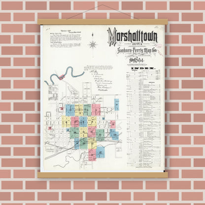 Old map wall art mockup — magnetic wood frame on brick wall — Sanborn Fire Insurance Map from Marshalltown, Marshall County, Iowa (1894), Sheet #0001