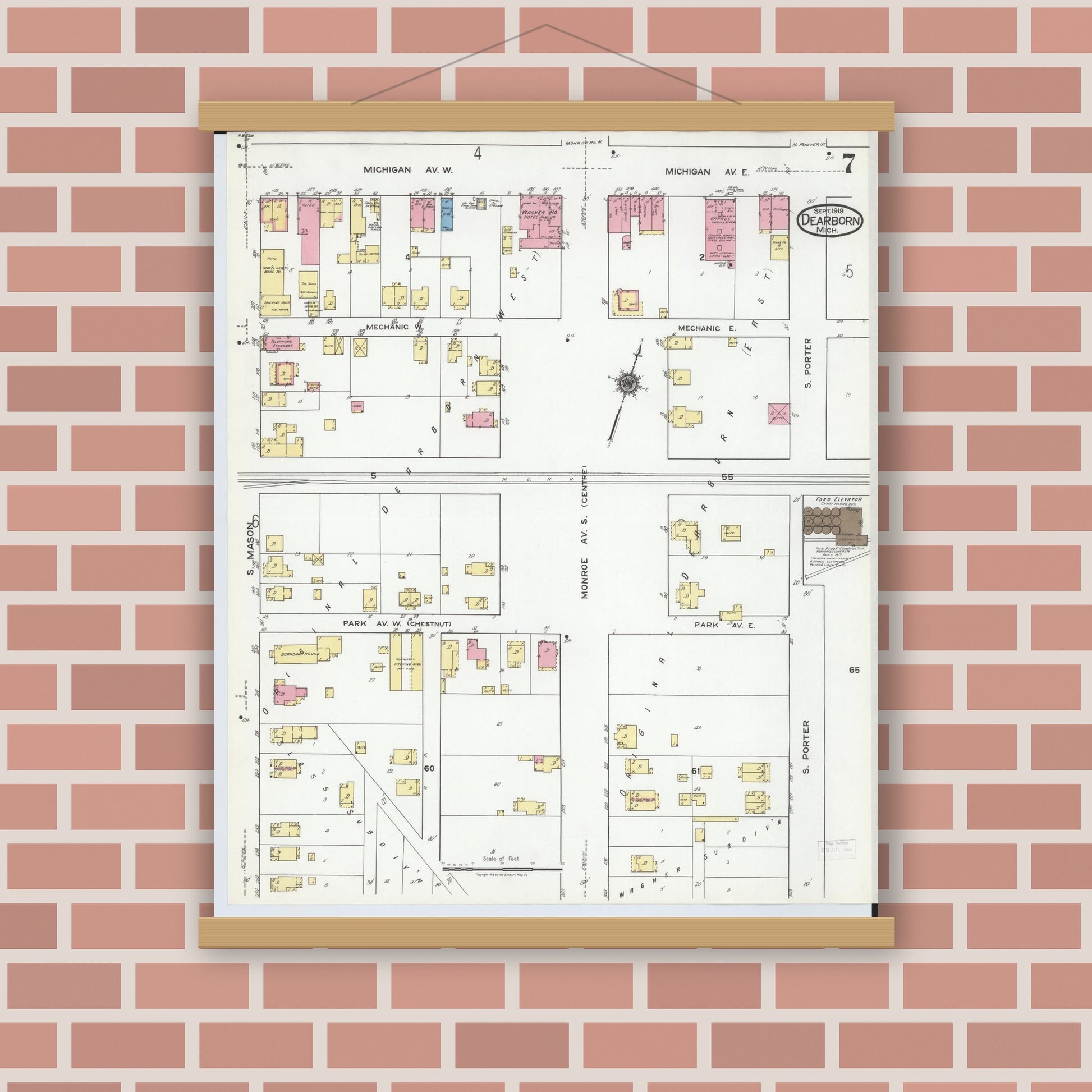 Old map wall art mockup — magnetic wood frame on brick wall — Sanborn Fire Insurance Map from Dearborn, Wayne County, Michigan (1919), Sheet #0007
