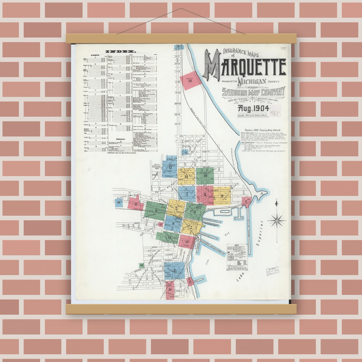 Old map wall art mockup — magnetic wood frame on brick wall — Sanborn Fire Insurance Map from Marquette, Marquette County, Michigan (1904), Sheet #0001