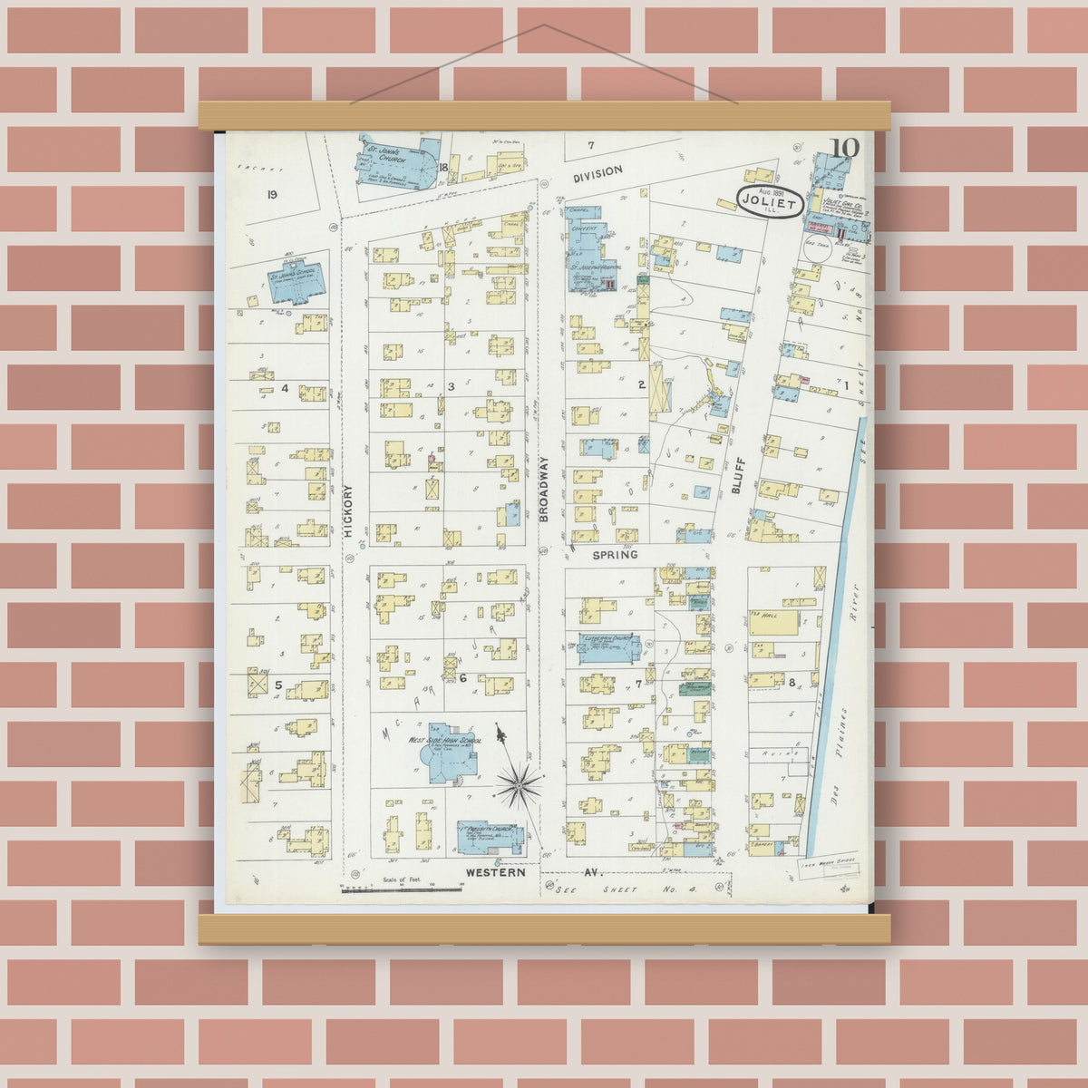 Old map wall art mockup — magnetic wood frame on brick wall — Sanborn Fire Insurance Map from Joliet, Will County, Illinois (1891), Sheet #0010