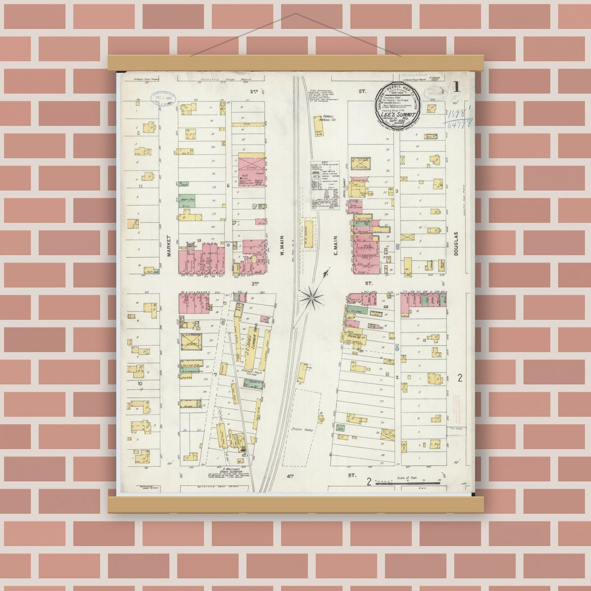 Old map wall art mockup — magnetic wood frame on brick wall — Sanborn Fire Insurance Map from Lee's Summit, Jackson County, Missouri (1898) - Complete Map Set