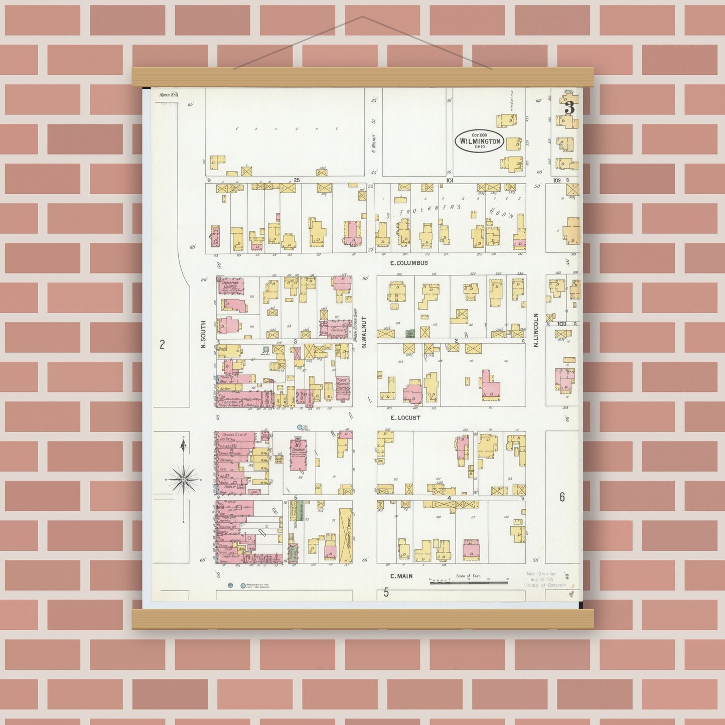 Old map wall art mockup — magnetic wood frame on brick wall — Sanborn Fire Insurance Map from Wilmington, Clinton County, Ohio (1900), Sheet #0003
