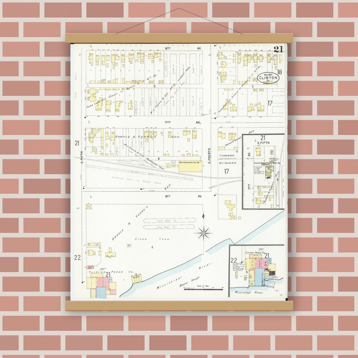 Old map wall art mockup — magnetic wood frame on brick wall — Sanborn Fire Insurance Map from Clinton, Clinton County, Iowa (1897), Sheet #0021