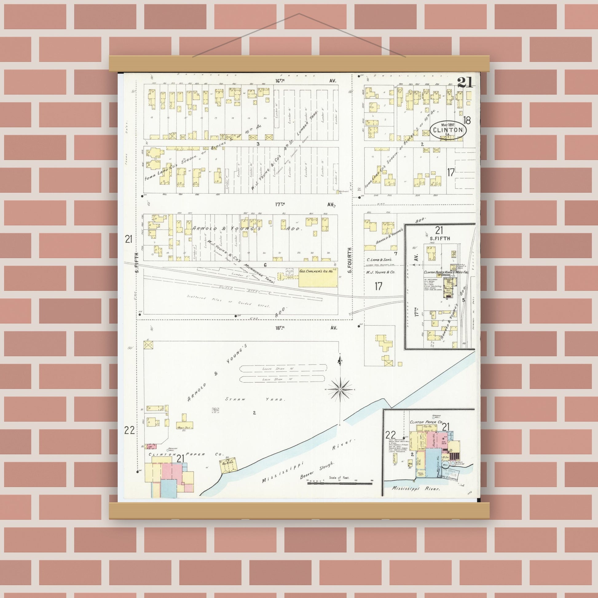 Old map wall art mockup — magnetic wood frame on brick wall — Sanborn Fire Insurance Map from Clinton, Clinton County, Iowa (1897), Sheet #0021