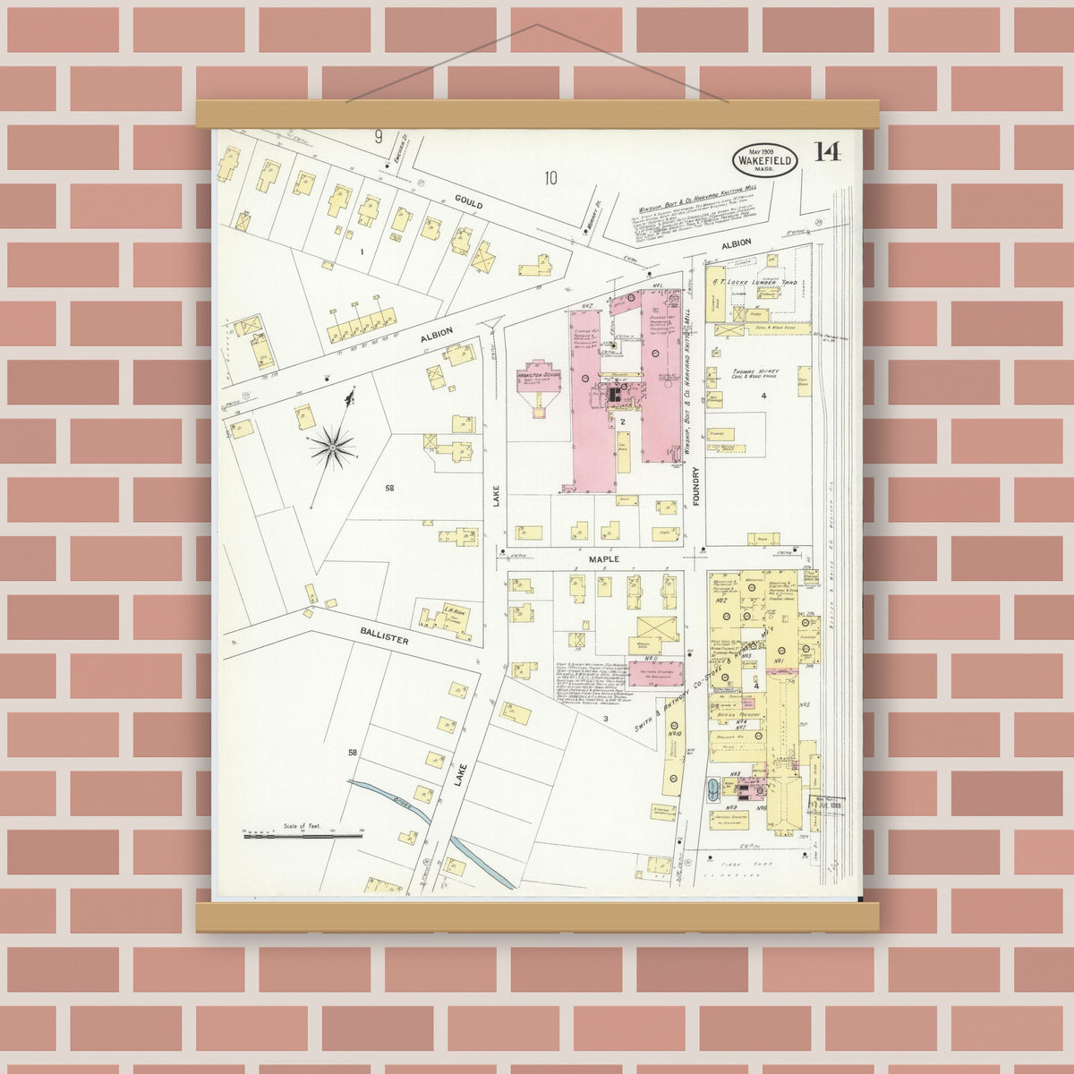 Old map wall art mockup — magnetic wood frame on brick wall — Sanborn Fire Insurance Map from Wakefield, Middlesex County, Massachusetts (1909), Sheet #0014