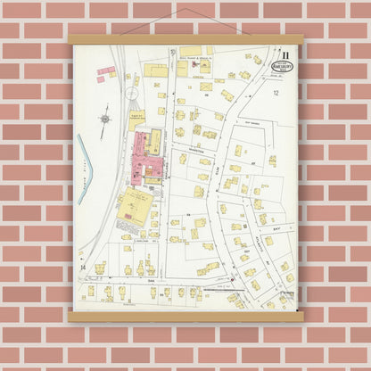 Old map wall art mockup — magnetic wood frame on brick wall — Sanborn Fire Insurance Map from Amesbury, Essex County, Massachusetts (1918), Sheet #0011