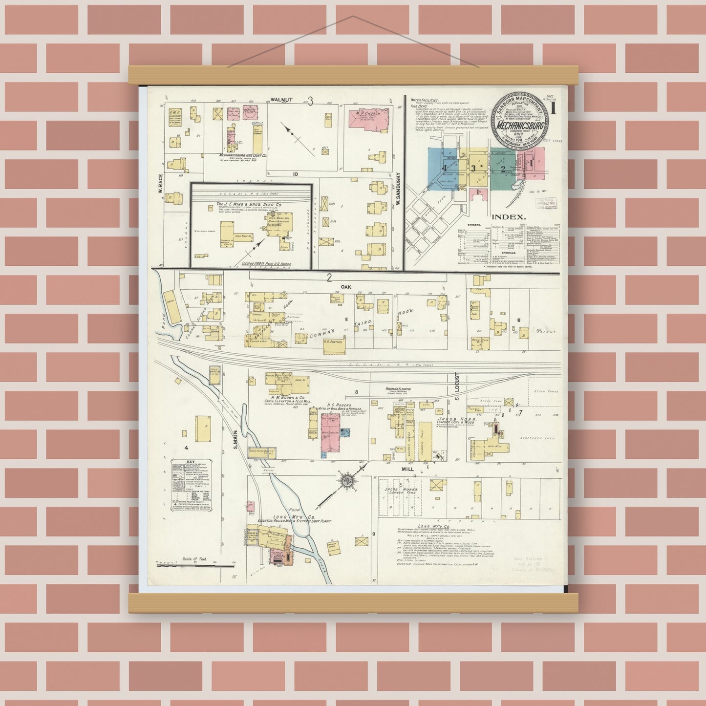 Old map wall art mockup — magnetic wood frame on brick wall — Sanborn Fire Insurance Map from Mechanicsburg, Champaign County, Ohio (1911) - Complete Map Set