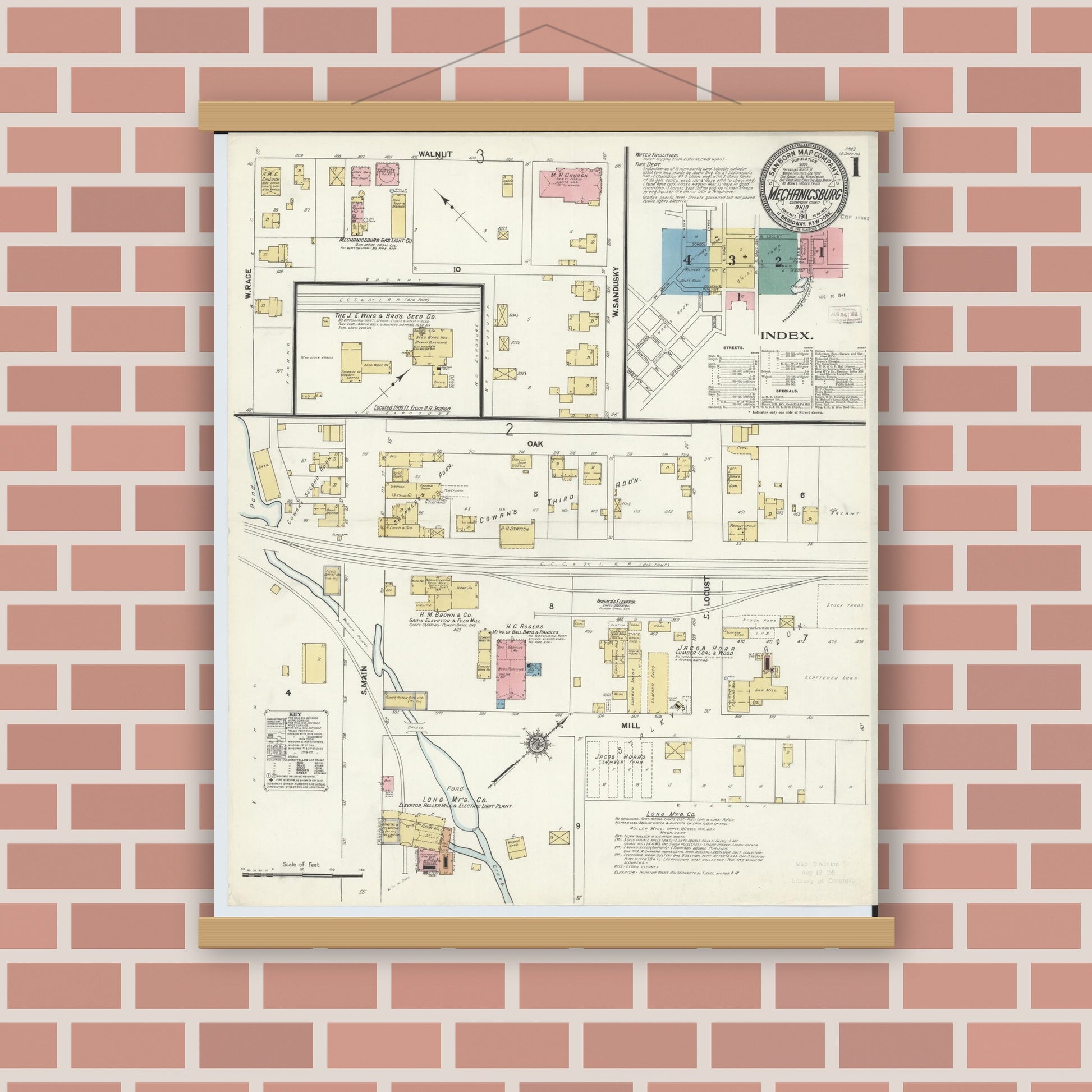 Old map wall art mockup — magnetic wood frame on brick wall — Sanborn Fire Insurance Map from Mechanicsburg, Champaign County, Ohio (1911) - Complete Map Set