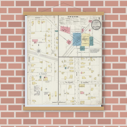 Old map wall art mockup — magnetic wood frame on brick wall — Sanborn Fire Insurance Map from Clyde, Sandusky County, Ohio (1893) - Complete Map Set