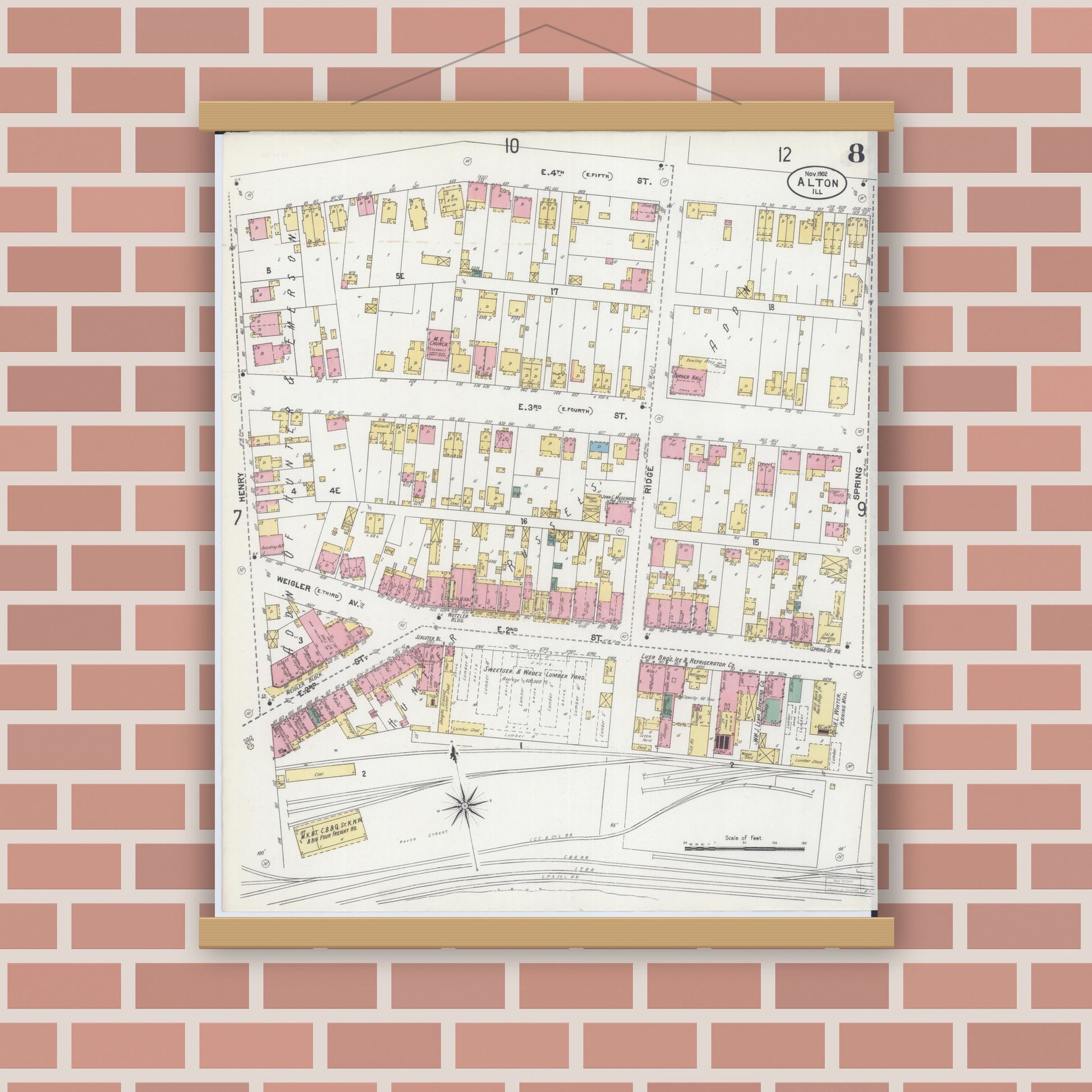 Old map wall art mockup — magnetic wood frame on brick wall — Sanborn Fire Insurance Map from Alton, Madison County, Illinois (1902), Sheet #0008
