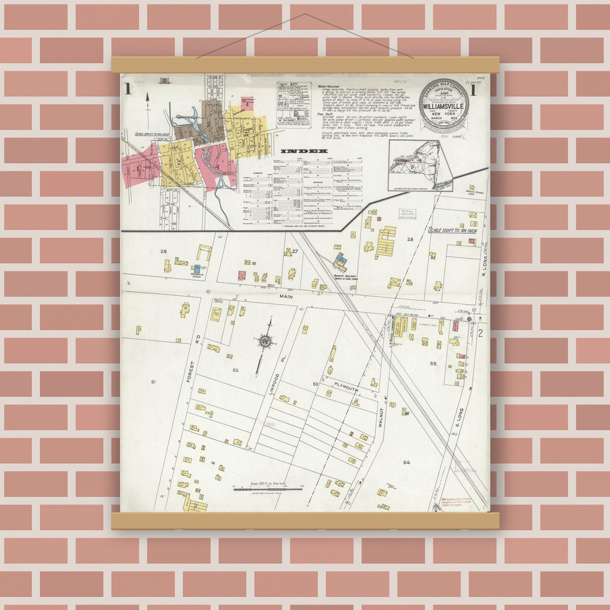 Old map wall art mockup — magnetic wood frame on brick wall — Sanborn Fire Insurance Map from Williamsville, Erie County, New York (1923), Sheet #0001