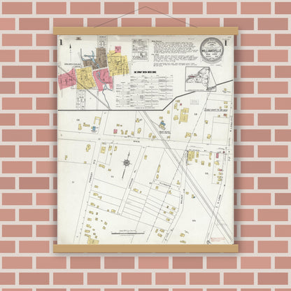 Old map wall art mockup — magnetic wood frame on brick wall — Sanborn Fire Insurance Map from Williamsville, Erie County, New York (1923), Sheet #0001