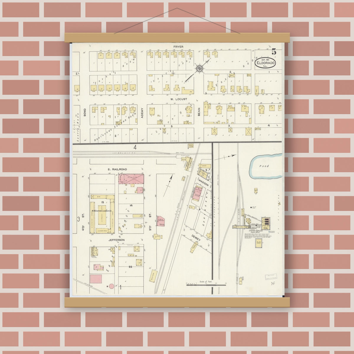 Old map wall art mockup — magnetic wood frame on brick wall — Sanborn Fire Insurance Map from Eldorado, Saline County, Illinois (1911), Sheet #0005