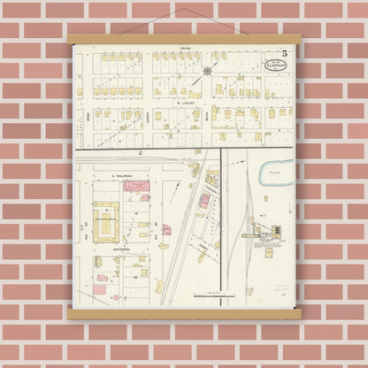 Old map wall art mockup — magnetic wood frame on brick wall — Sanborn Fire Insurance Map from Eldorado, Saline County, Illinois (1911), Sheet #0005