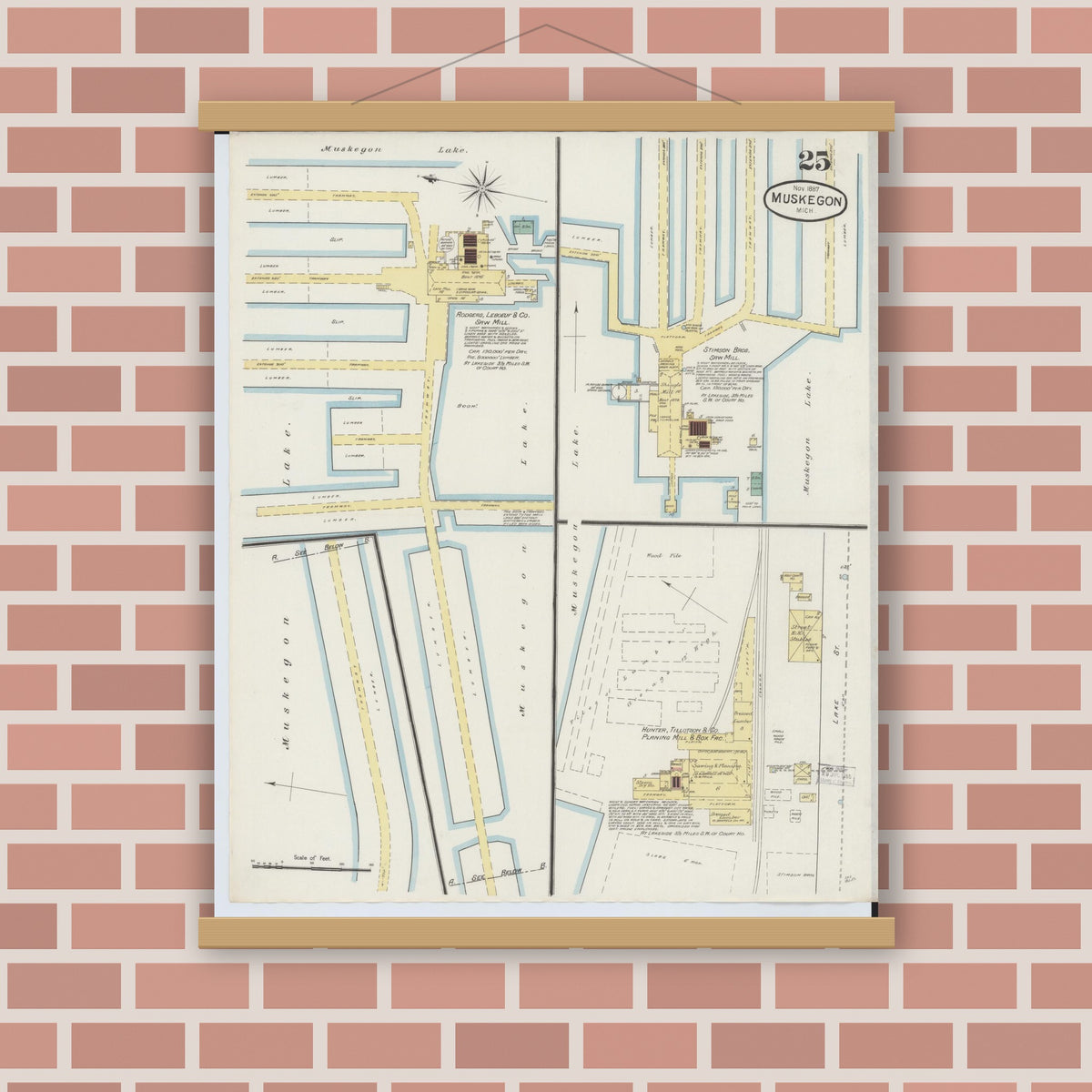 Old map wall art mockup — magnetic wood frame on brick wall — Sanborn Fire Insurance Map from Muskegon, Muskegon County, Michigan (1887), Sheet #0025