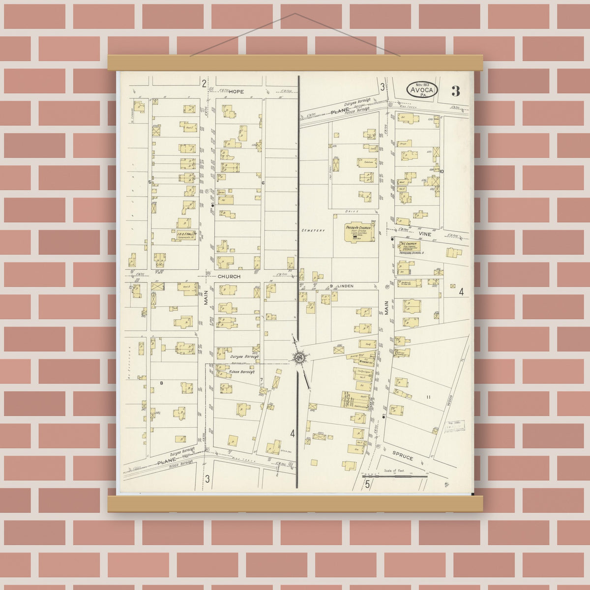 Old map wall art mockup — magnetic wood frame on brick wall — Sanborn Fire Insurance Map from Avoca, Luzerne County, Pennsylvania (1913), Sheet #0003