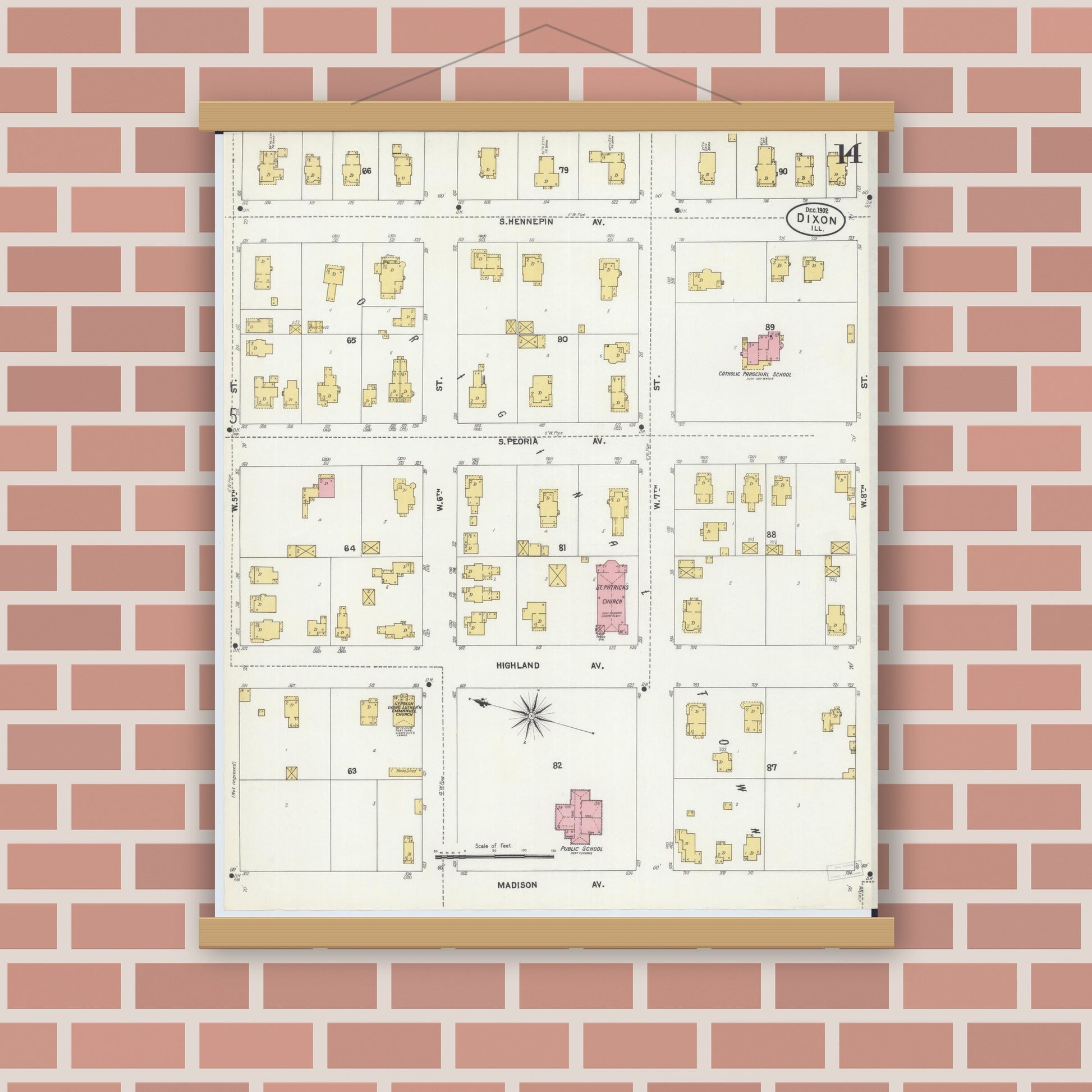 Old map wall art mockup — magnetic wood frame on brick wall — Sanborn Fire Insurance Map from Dixon, Lee County, Illinois (1902), Sheet #0014