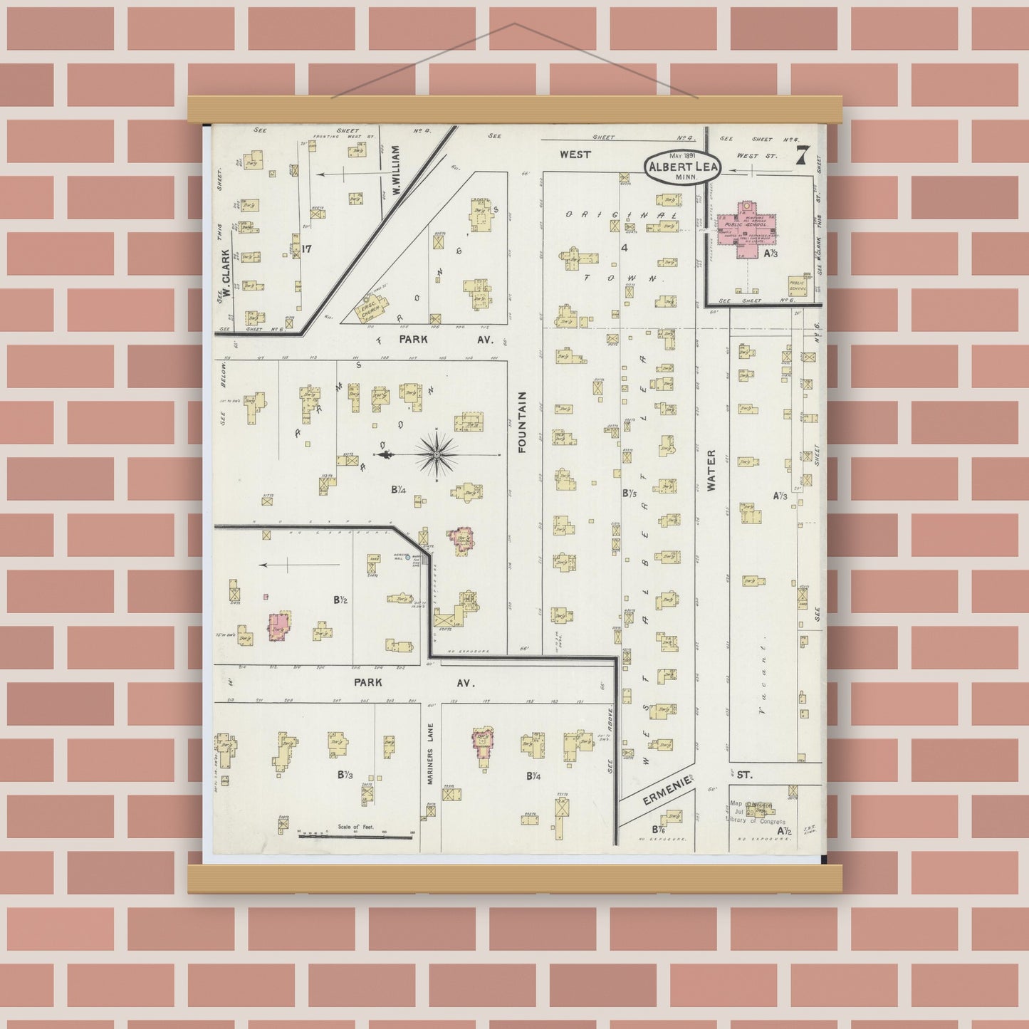Old map wall art mockup — magnetic wood frame on brick wall — Sanborn Fire Insurance Map from Albert Lea, Freeborn County, Minnesota (1891), Sheet #0007