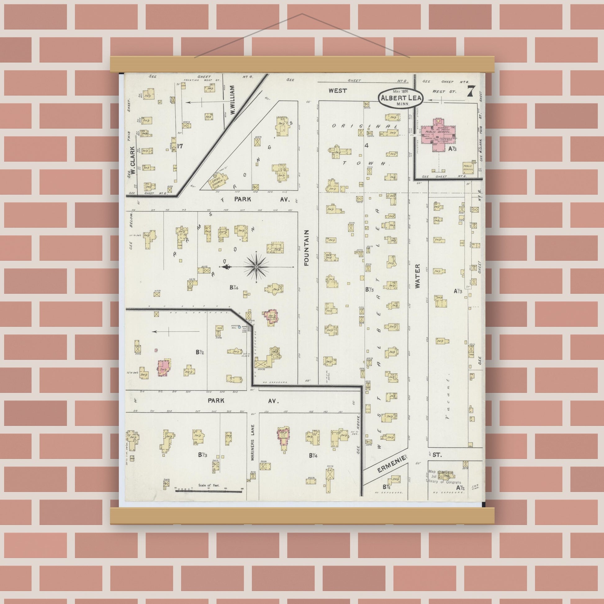 Old map wall art mockup — magnetic wood frame on brick wall — Sanborn Fire Insurance Map from Albert Lea, Freeborn County, Minnesota (1891), Sheet #0007